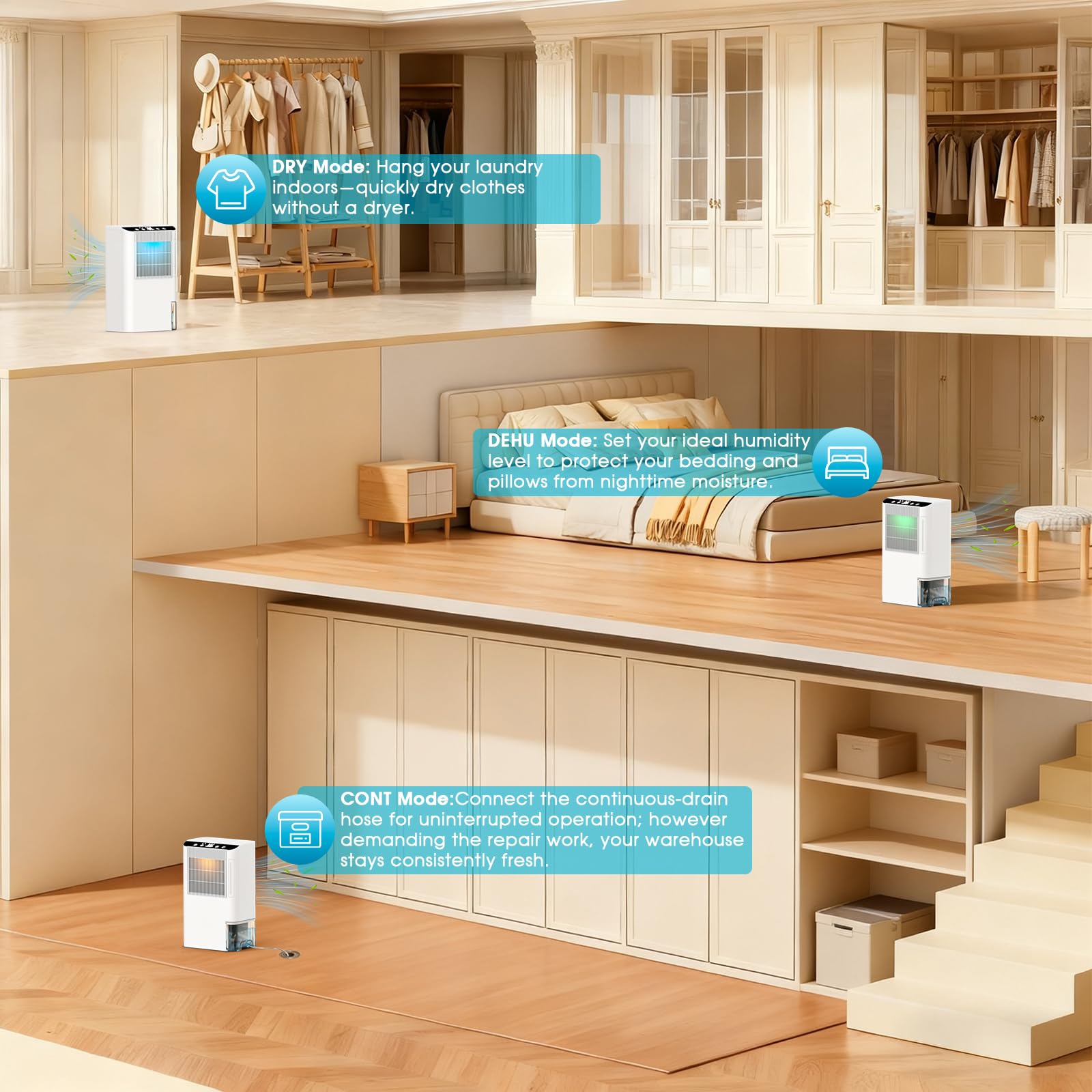 Onsekin dehumidifier sweet white placed in living room demonstrates whole-room humidity control.