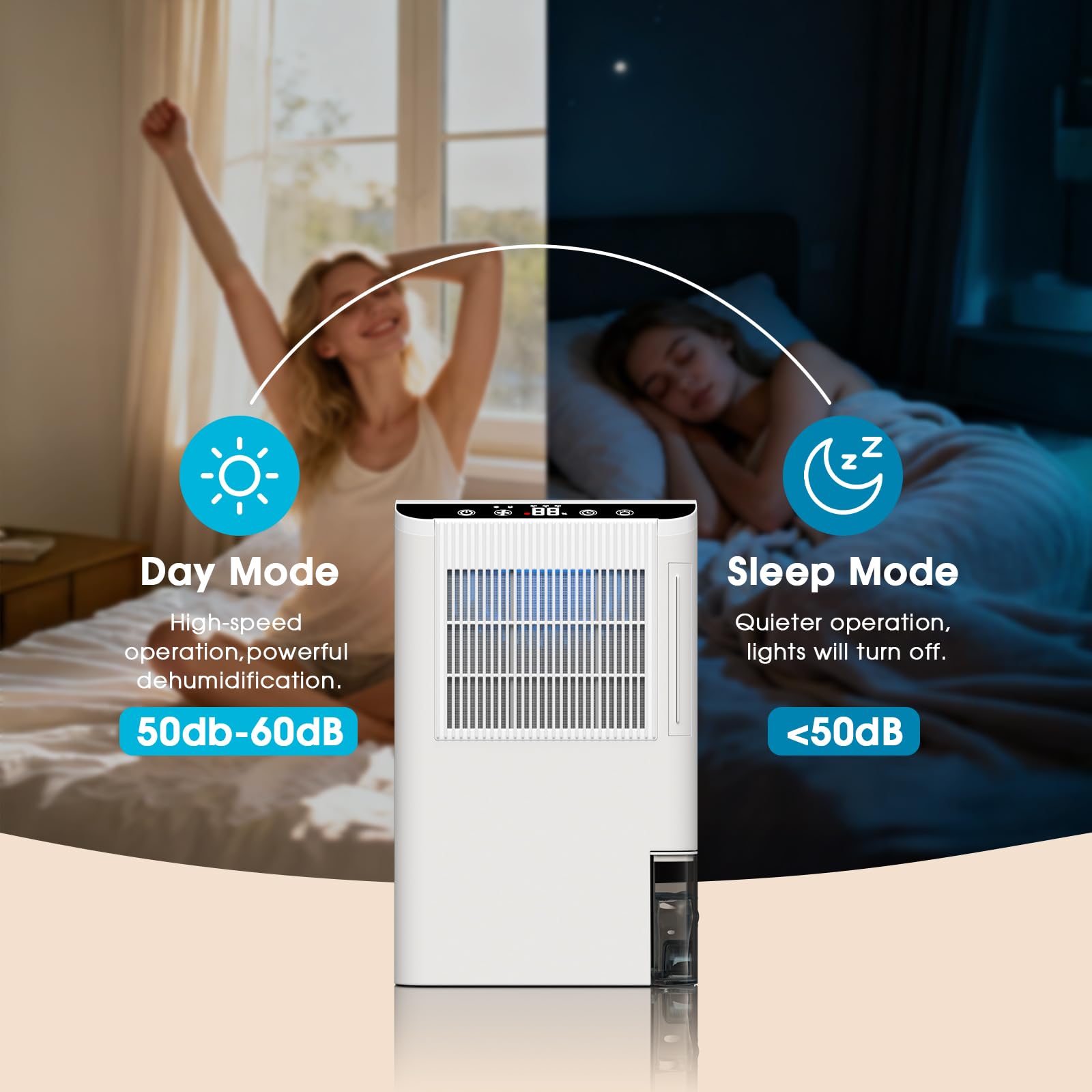 Onsekin dehumidifier sweet white side view shows portable carry handle for easy relocation.