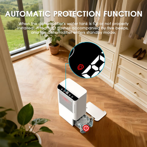 Onsekin dehumidifier sweet white slim footprint fits under cabinets or desks.