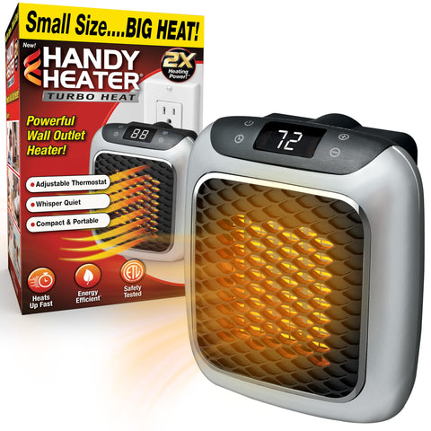 Ontel Handy Heater Turbo wall outlet front view showing compact design and quick warmth.