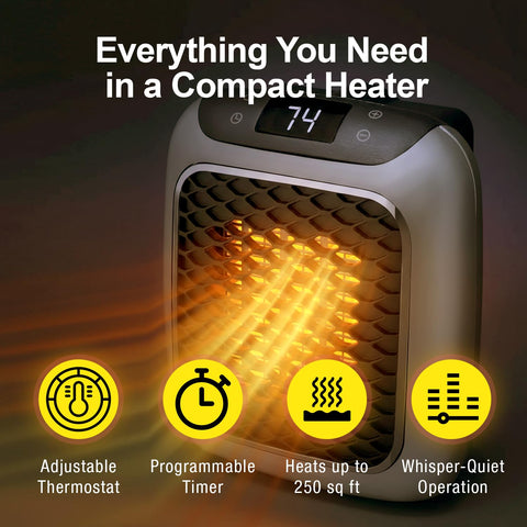 Ontel Handy Heater Turbo timer display demonstrates 12-hour programmable heating.