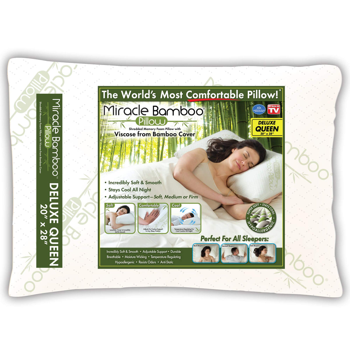 Ontel Miracle Pillow with bamboo cover close-up, highlighting cooling fabric and softness