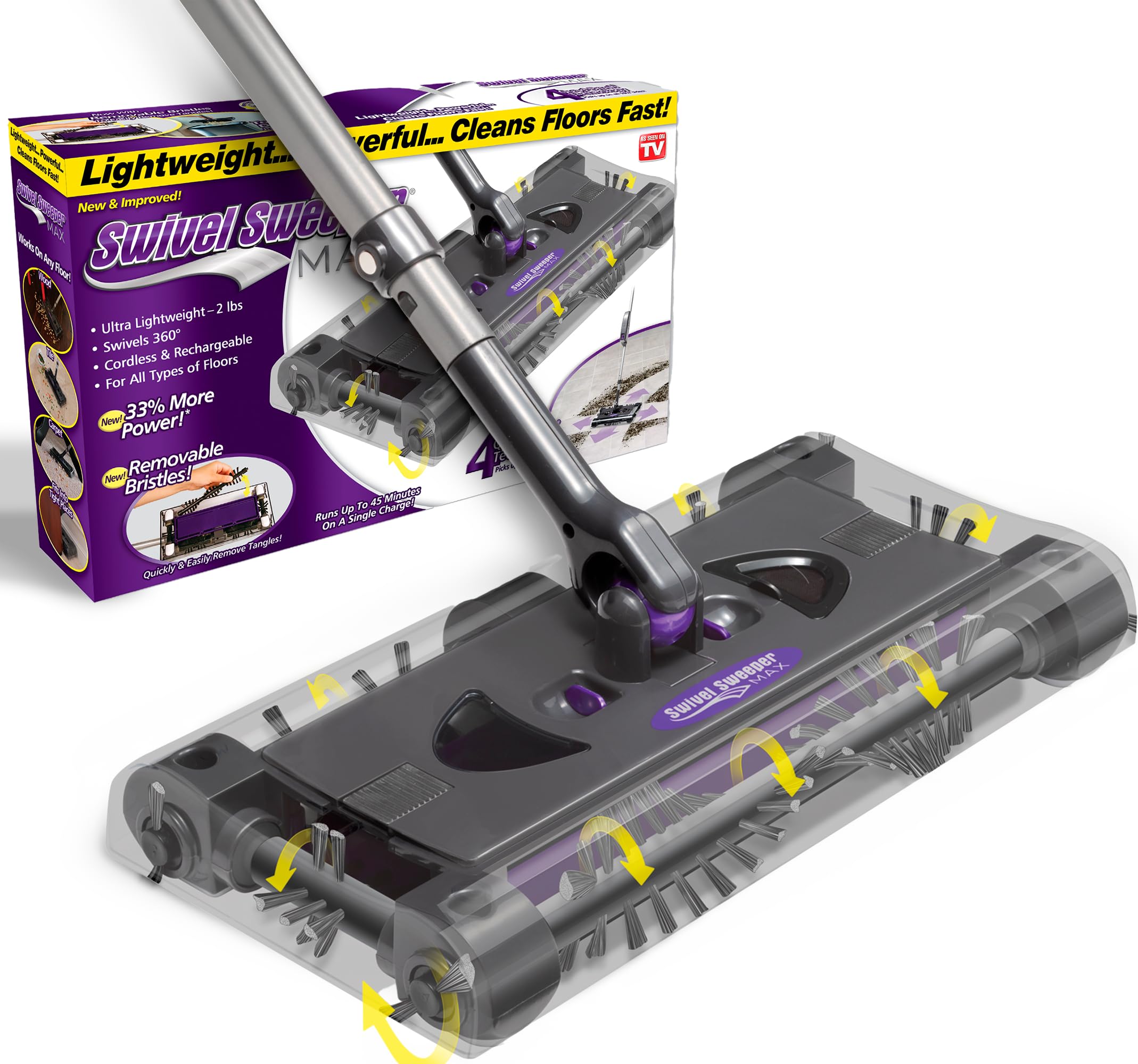 Ontel Swivel Sweeper Max front view shows a compact cordless design for quick cleanups
