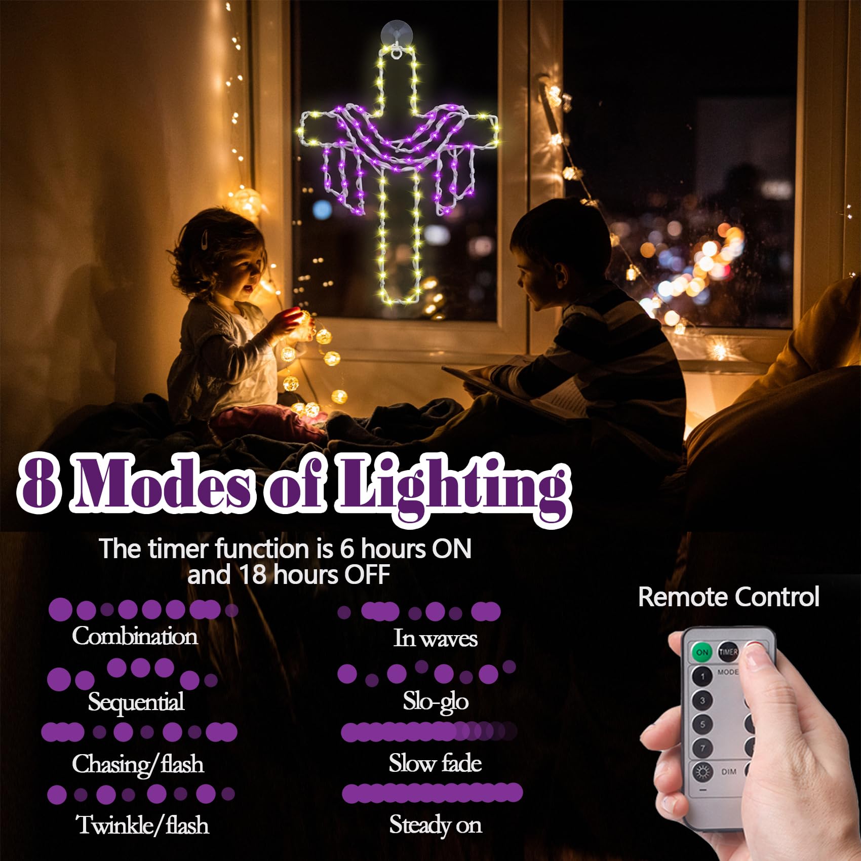 Ontigola cross-drape light showing eight color modes in vivid arrangement