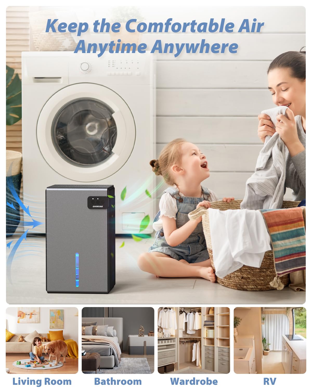 ONWORK dehumidifier in a closet for space-saving setup