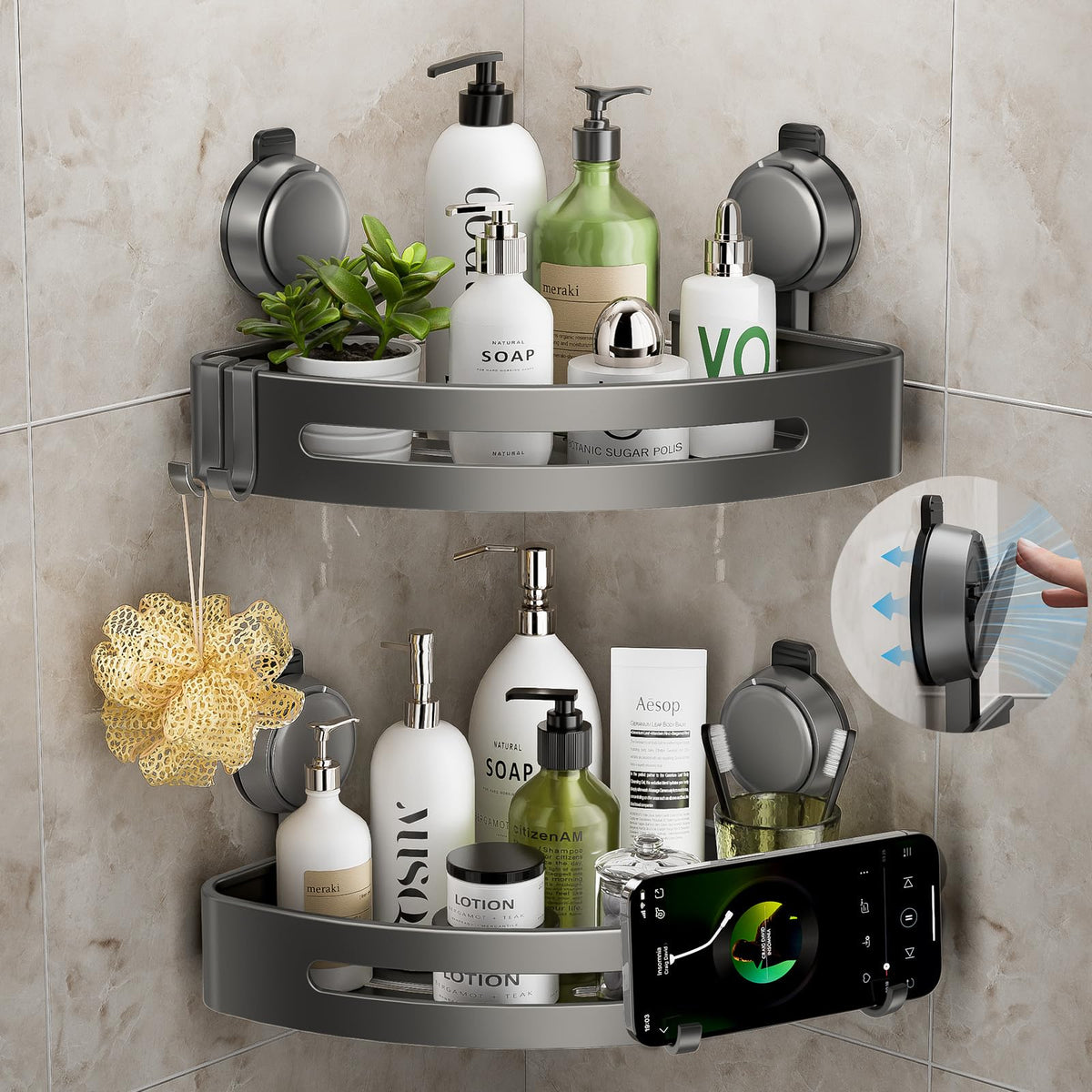 ONXE corner shower caddy with suction cup holds bottles securely on smooth tiles.
