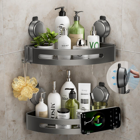 ONXE corner shower caddy with suction cup holds bottles securely on smooth tiles.