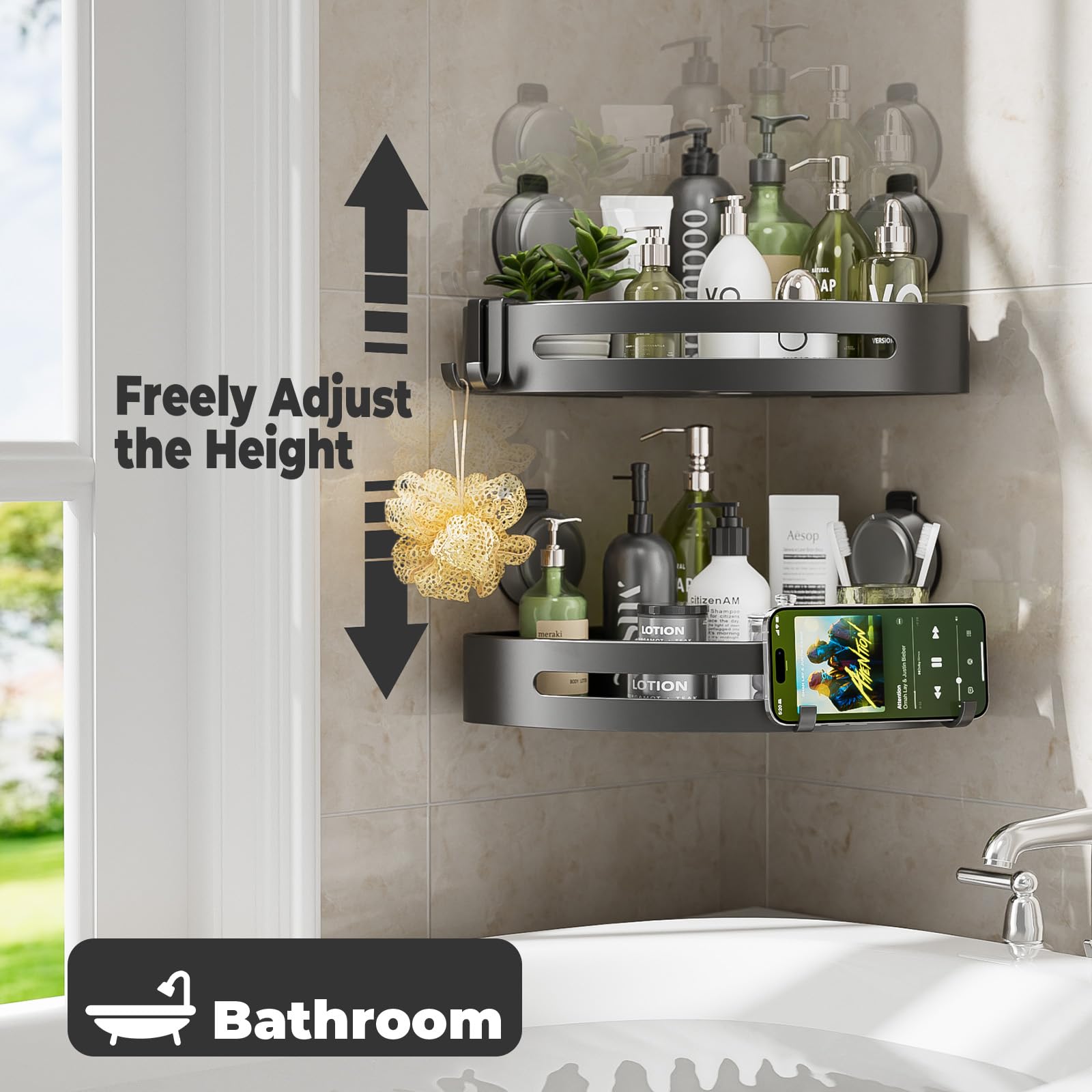 ONXE removable reusable shower rack moves easily for repositioning.