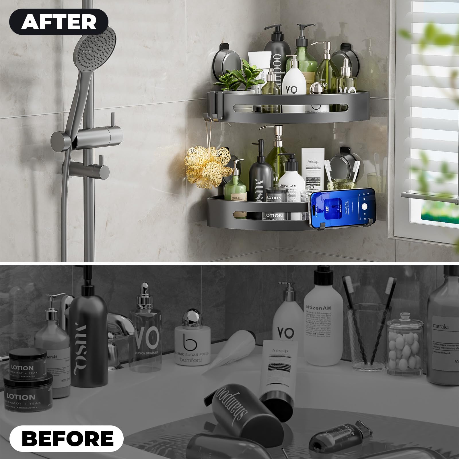 ONXE shower shelves with hooks organize items and save space.
