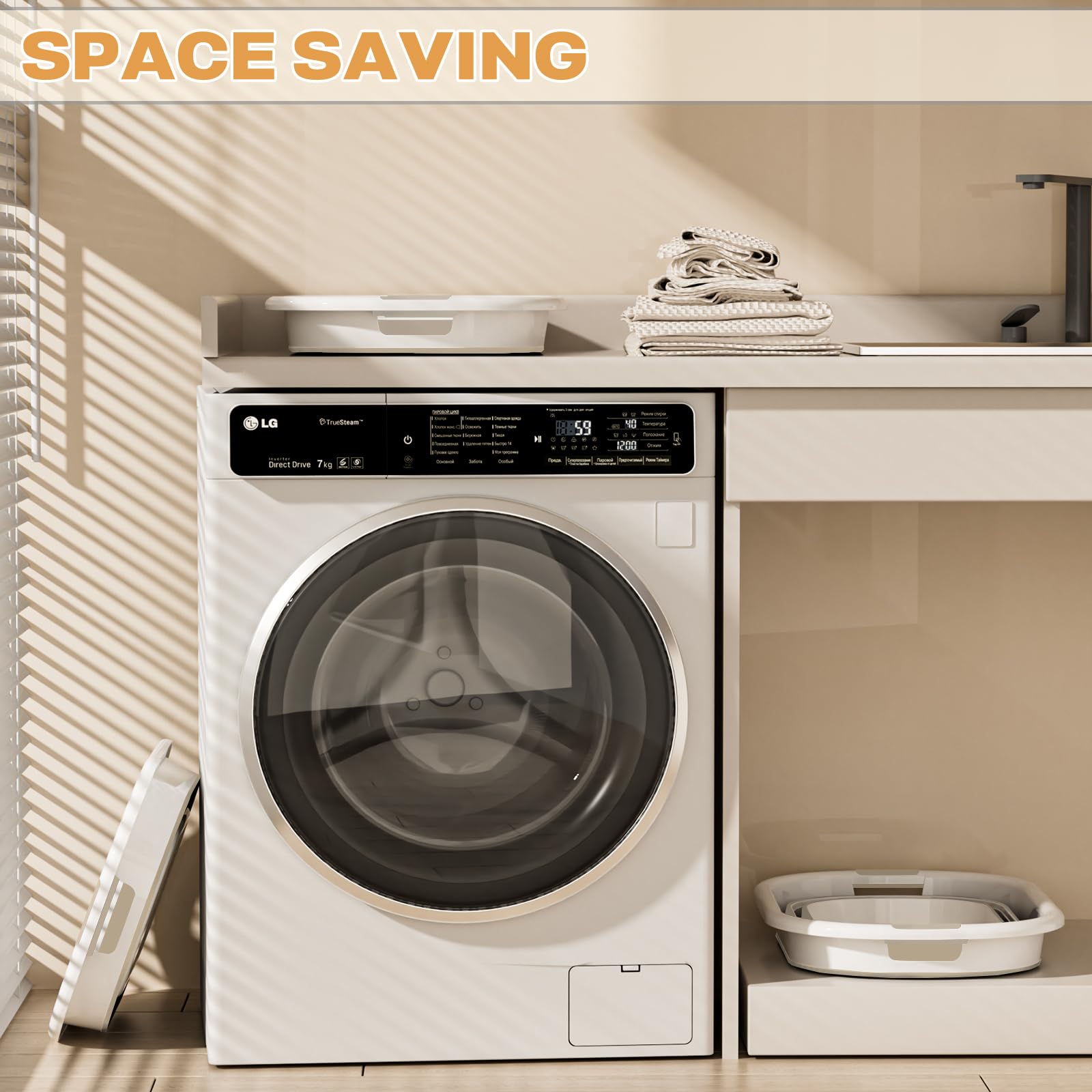 OOAMBB beige foldable laundry basket with convenient carry handle