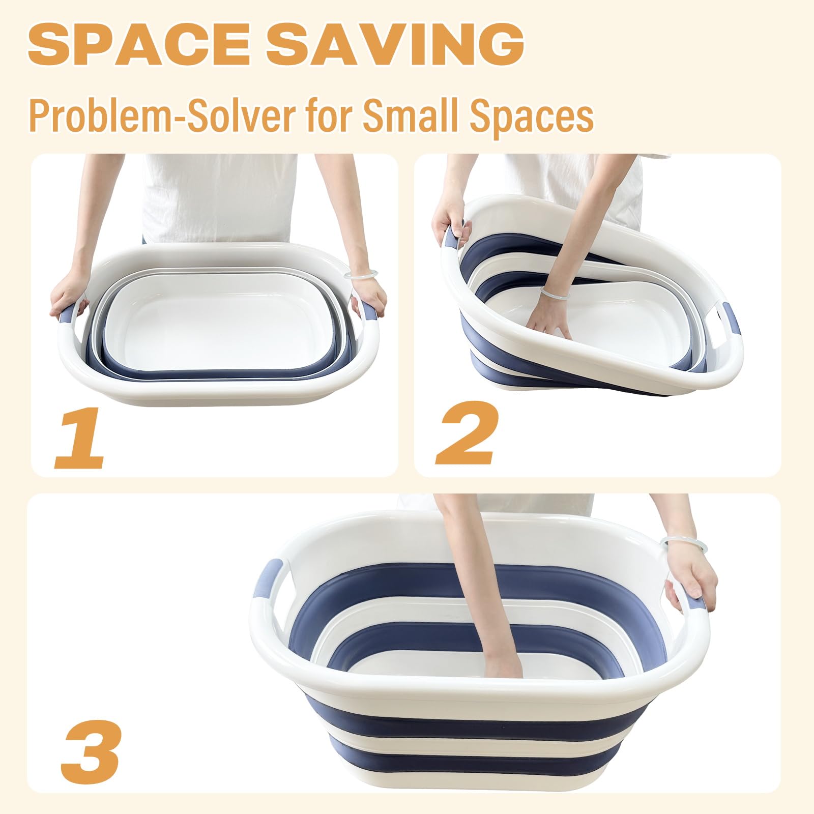 OOAMBB blue collapsible basket in a laundry room for easy storage