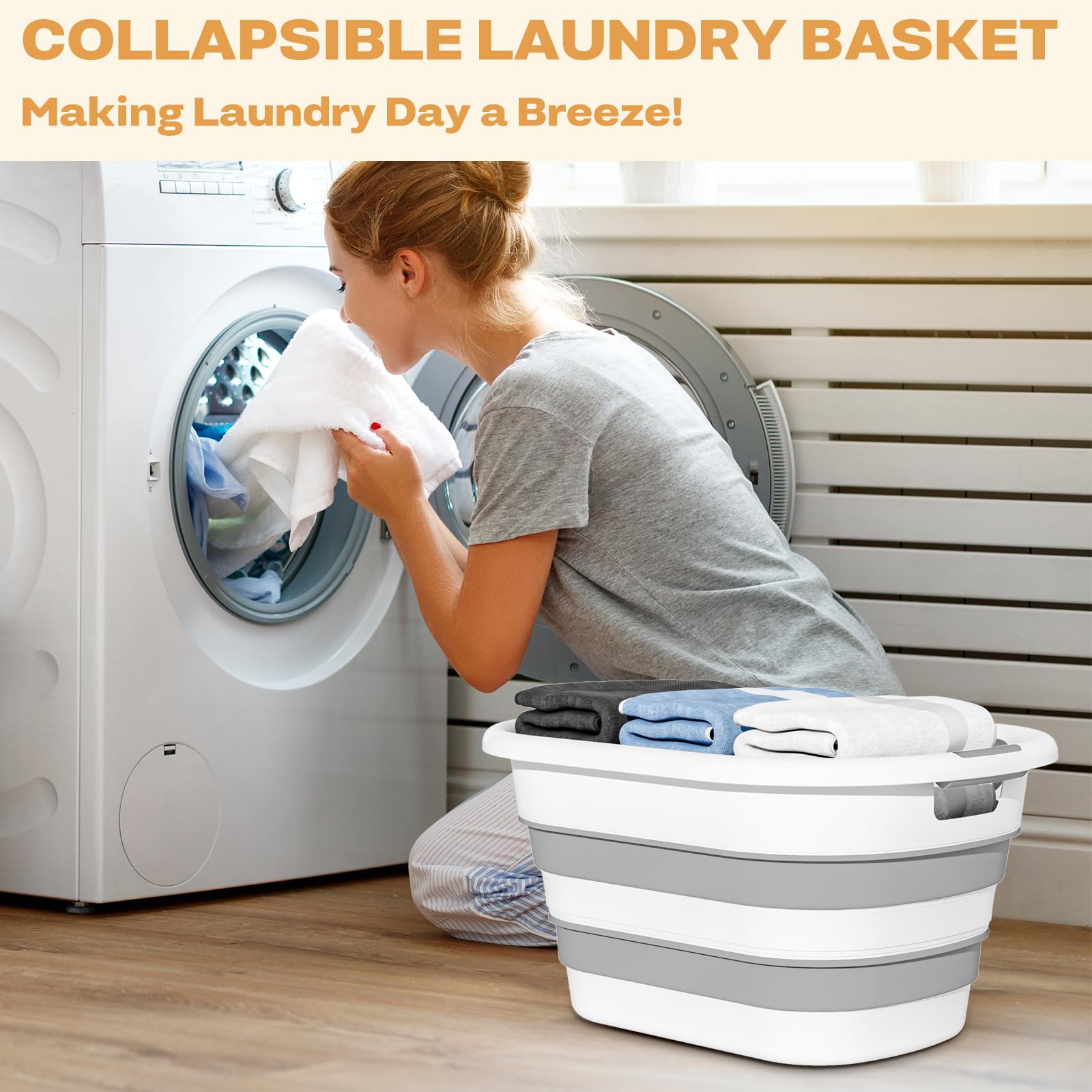 OOAMBB Grey pop-up laundry hamper for quick chores.