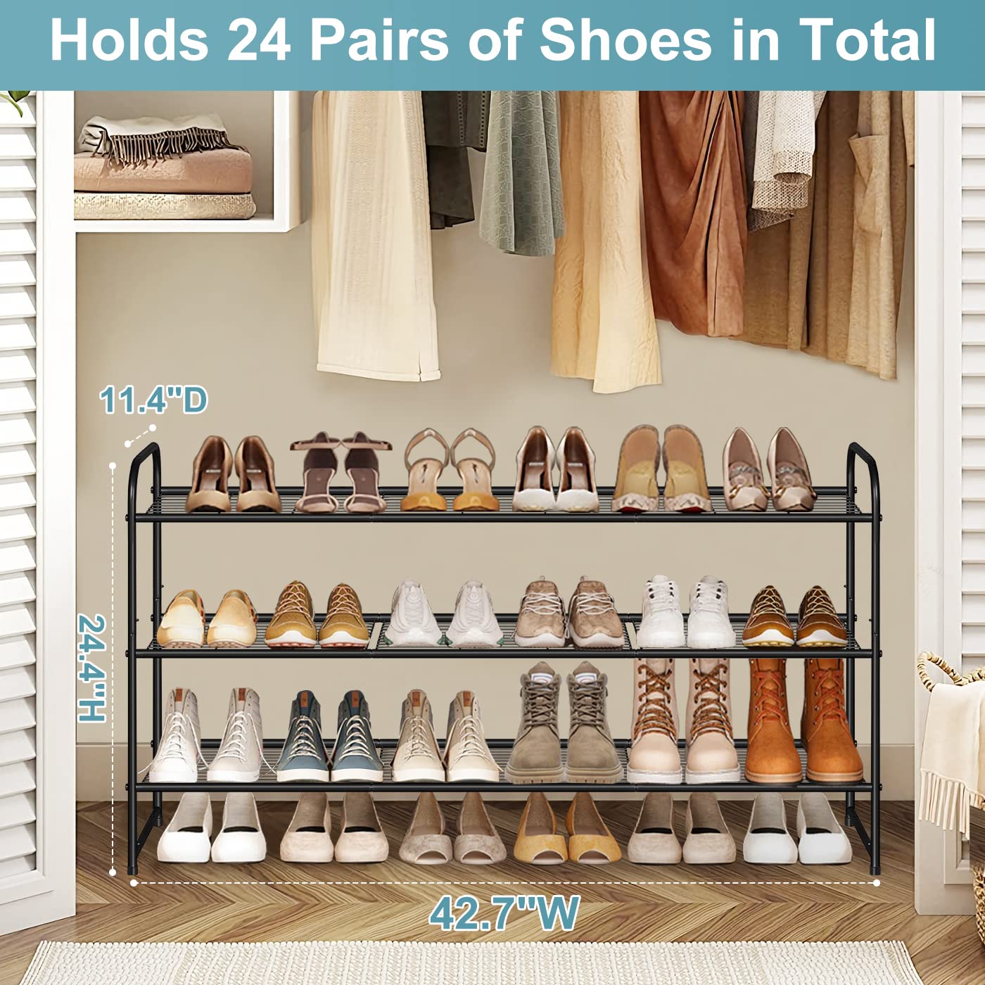 AOODA stackable shoe rack side view highlights sturdy anti-rust frame.