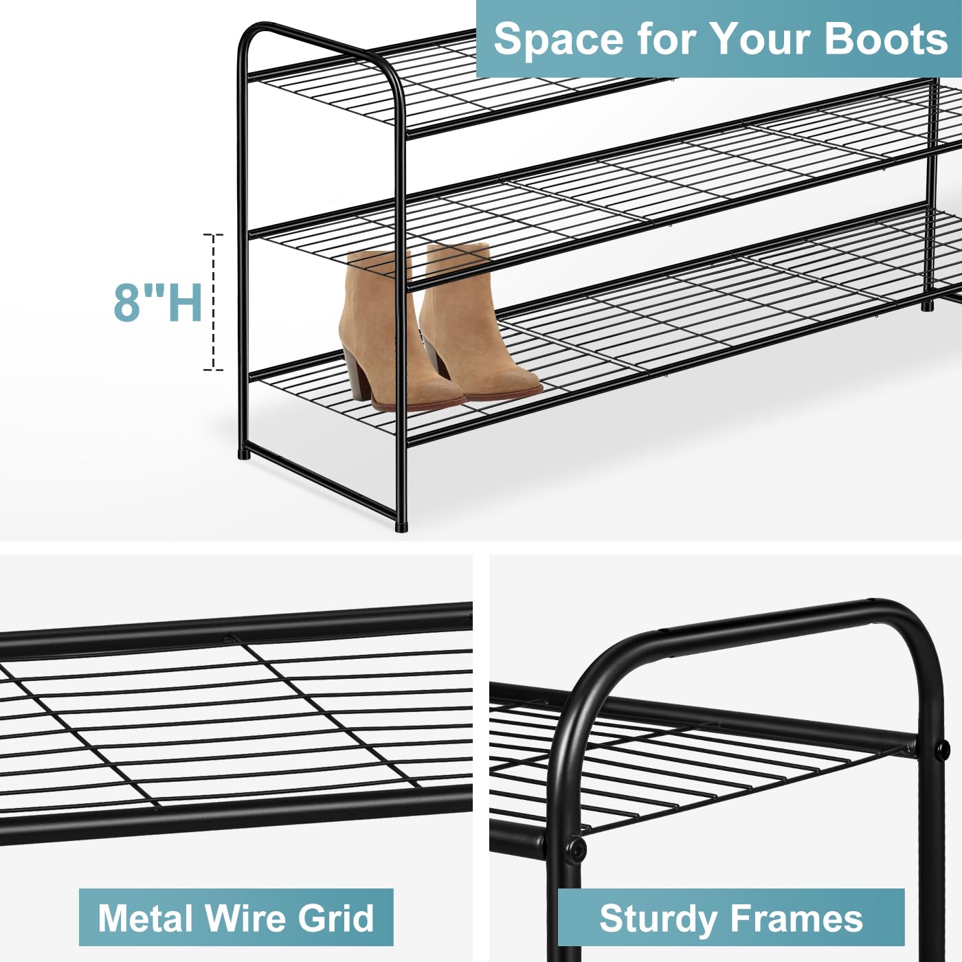 AOODA rack with 8-inch tiers accommodates knee boots and high heels.