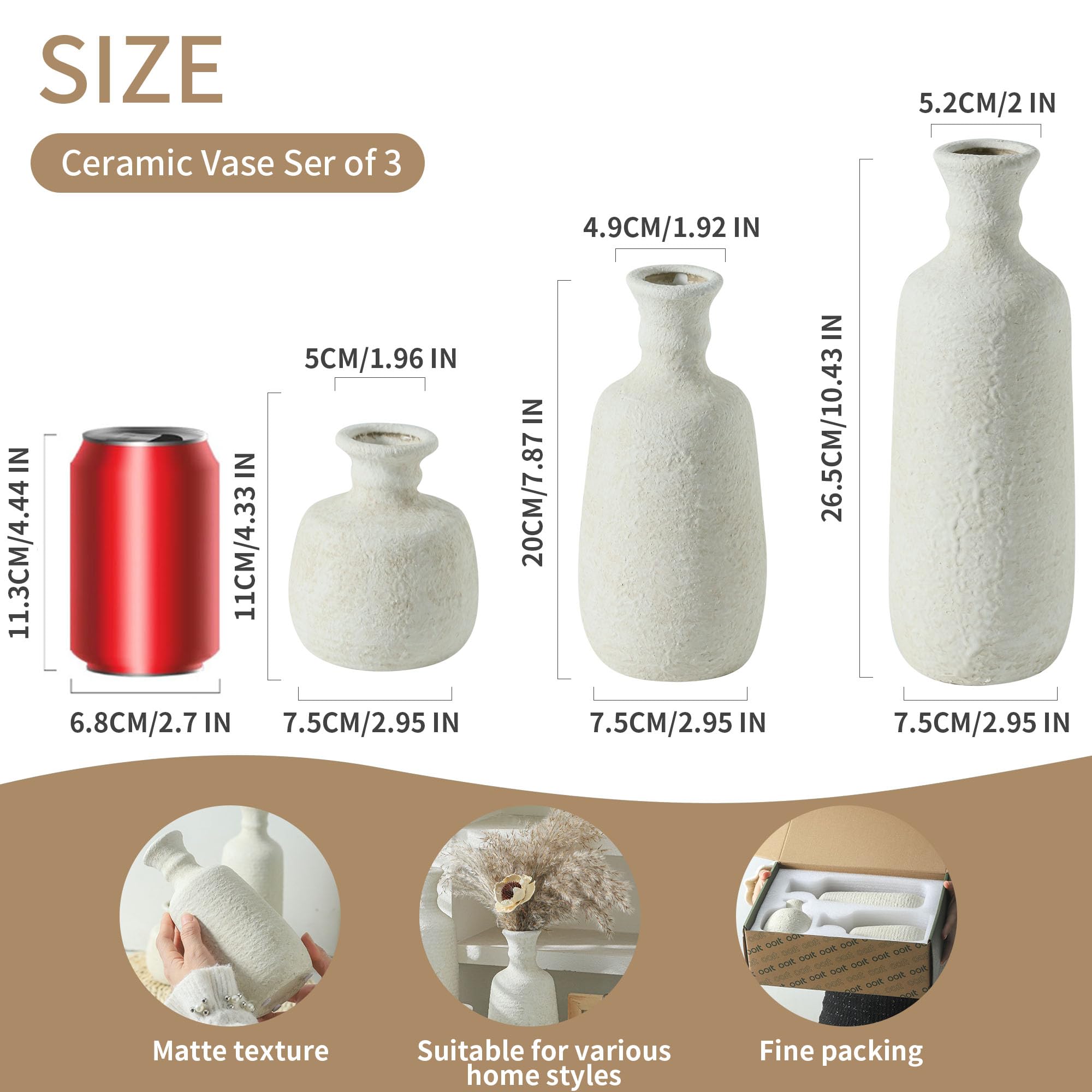 OOIT ceramic vases 3-pack, different shapes, accent rustic boho decor.