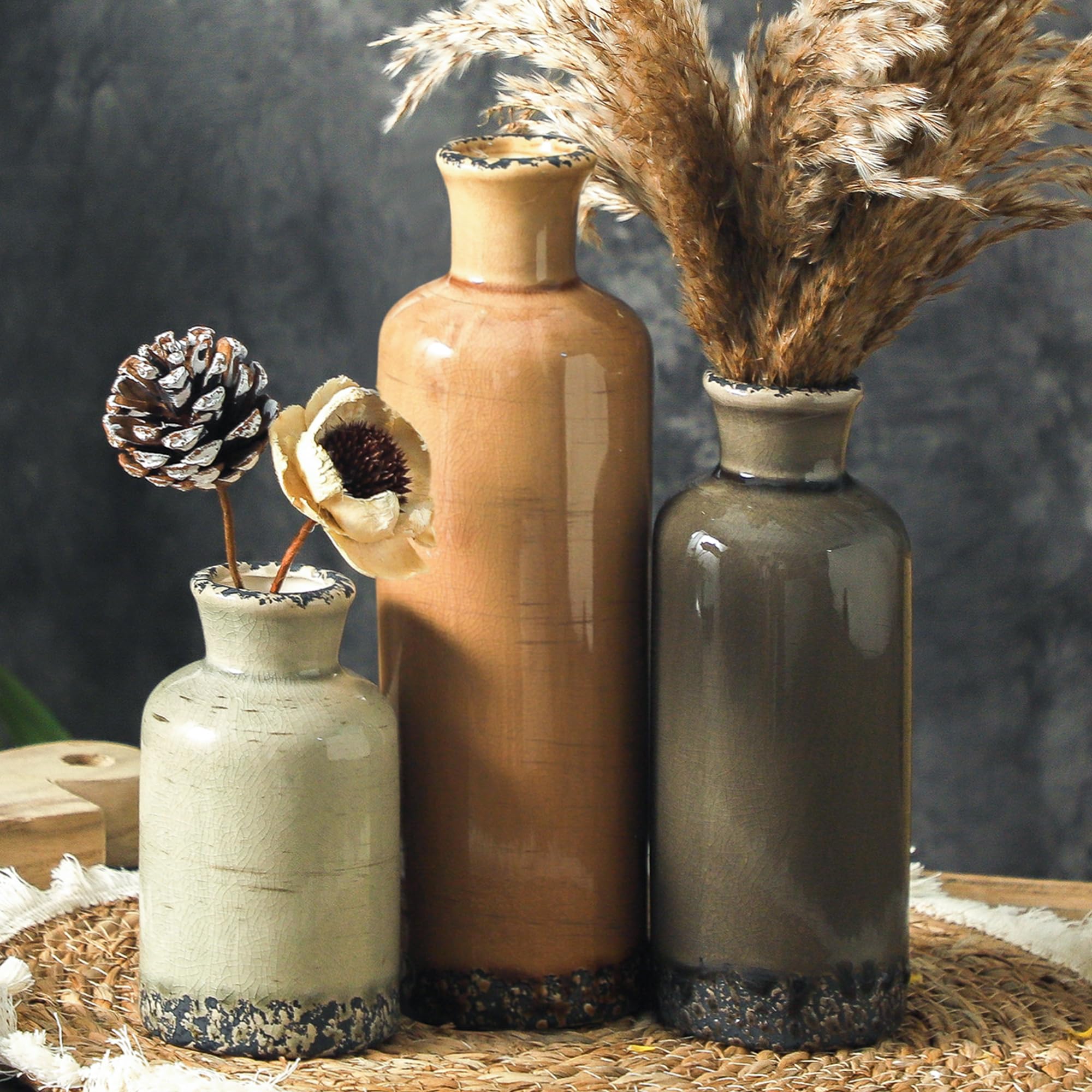 OOIT ceramic vase set of 3 in neutral brown, front view, perfect for modern farmhouse displays.