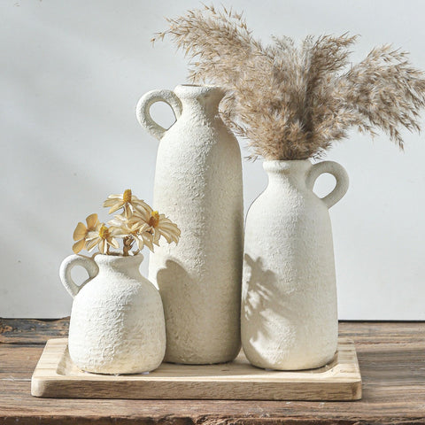 OOIT ceramic vase set of 3 with handles in whitewashed finish for versatile centerpieces