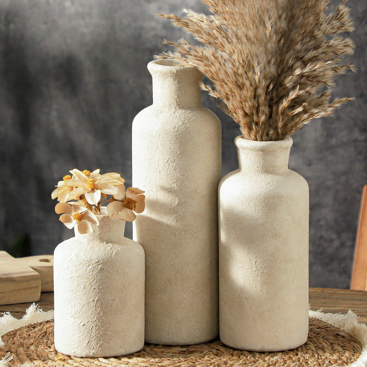 ooit ceramic vases set of 3 with whitewashed finish, perfect for table centerpieces