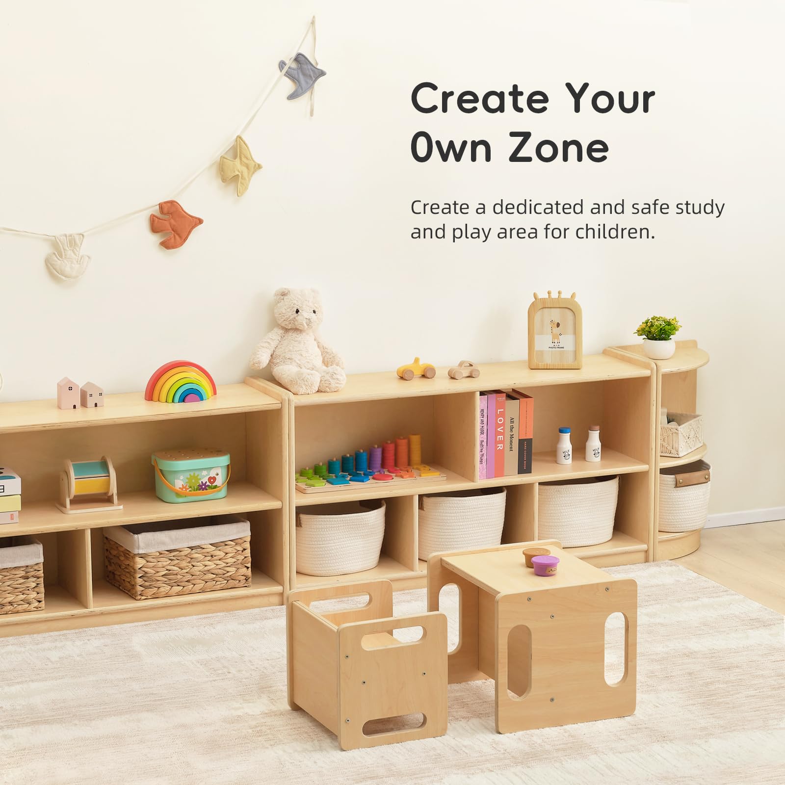 OOOK table and chair set uses durable poplar wood for long-lasting use.