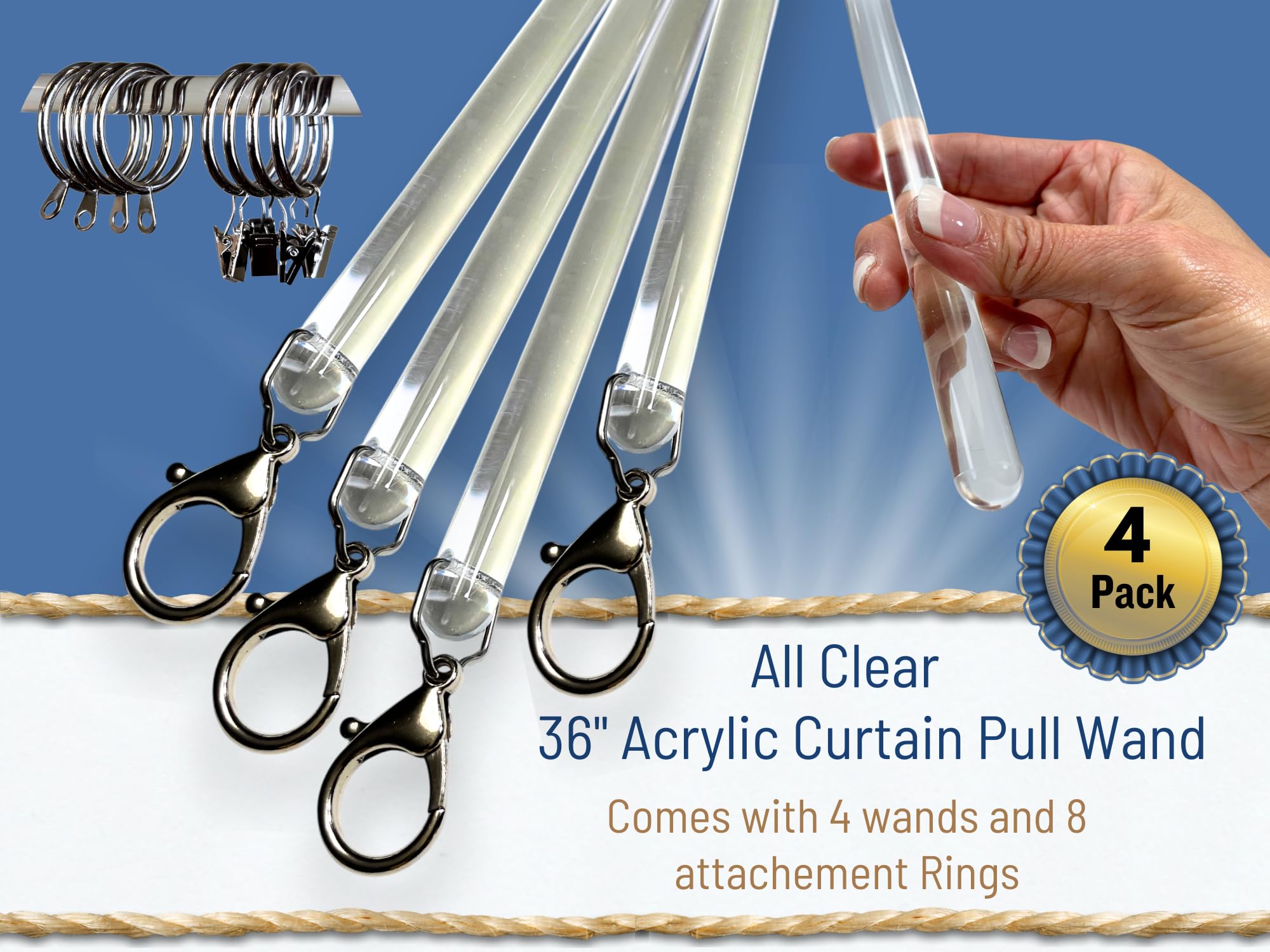 OooWow pull wand with lobster hook close-up, sturdy attachment for thick drapes