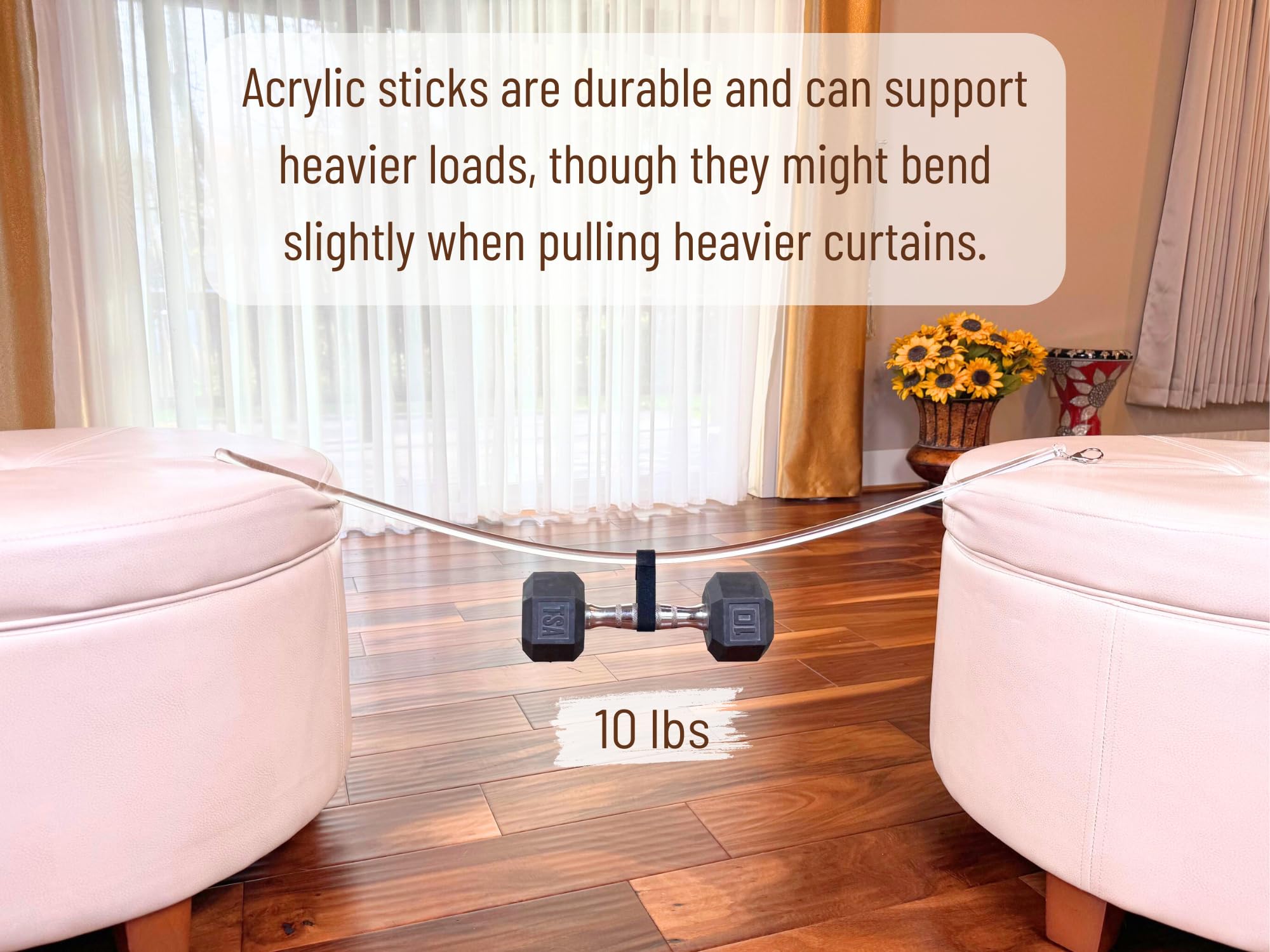 OooWow 36-inch clear acrylic pull wand side view, compatible with various curtain styles