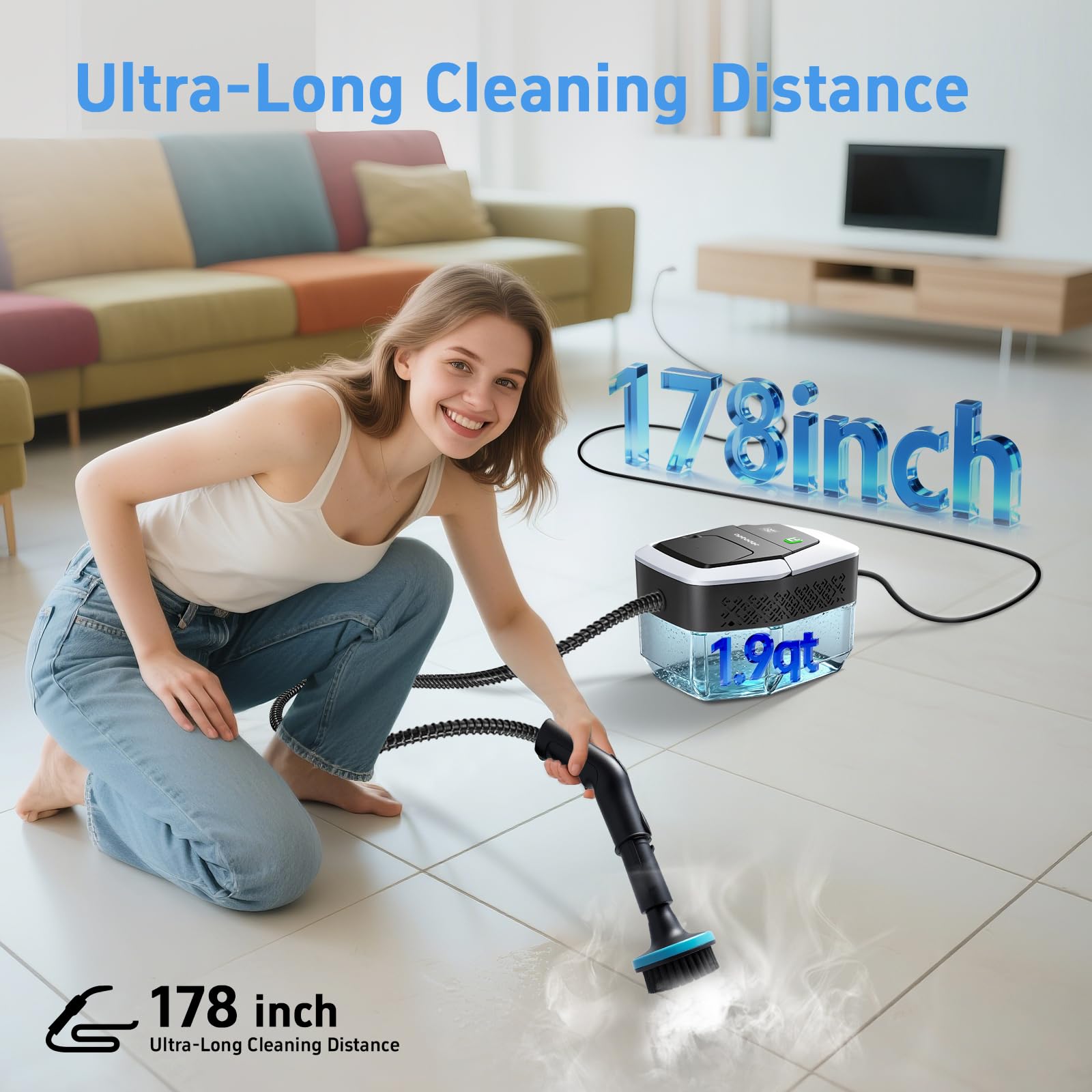 Opbodqo steam cleaner with 100-inch cord for wide reach