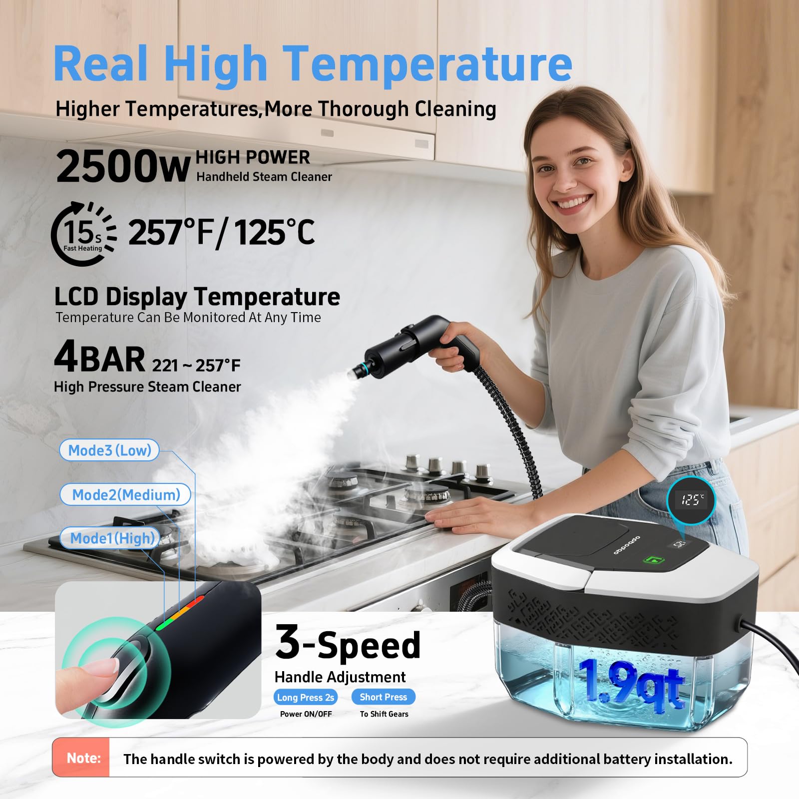 Opbodqo steam cleaner with adjustable handle for comfortable cleaning
