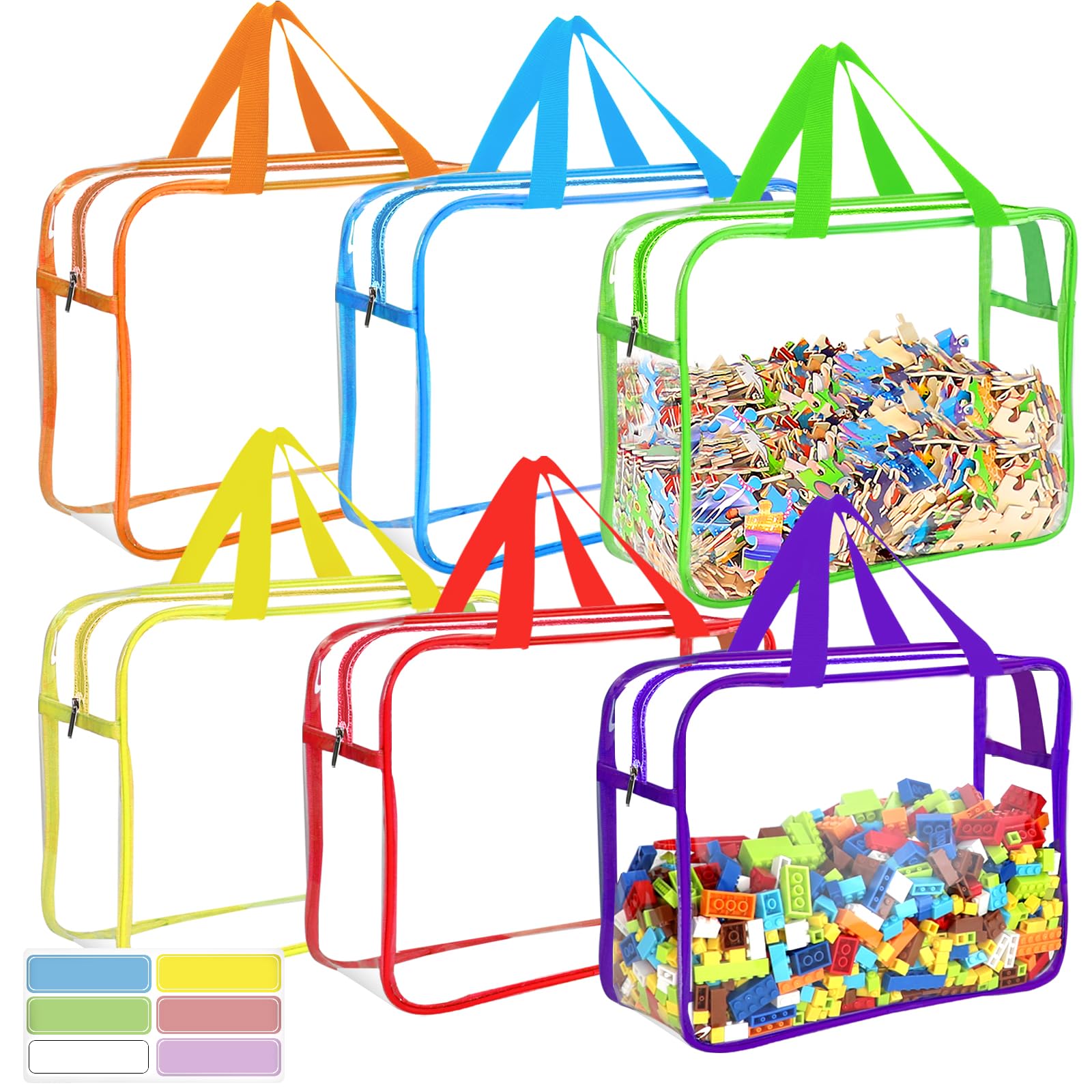 OPELETNNT six-color toy storage bags with labels keep toys organized and visible.