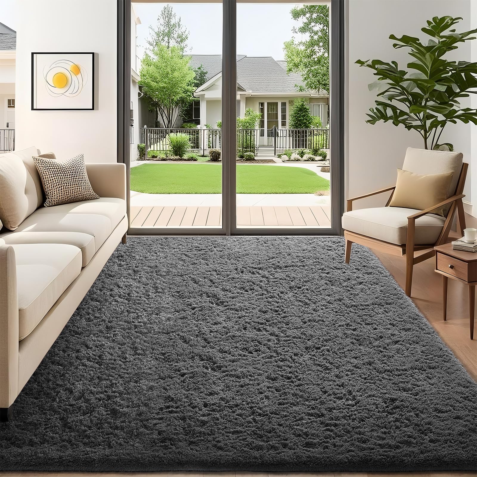 Ophanie 5x7 grey shag rug close-up shows plush softness for living rooms