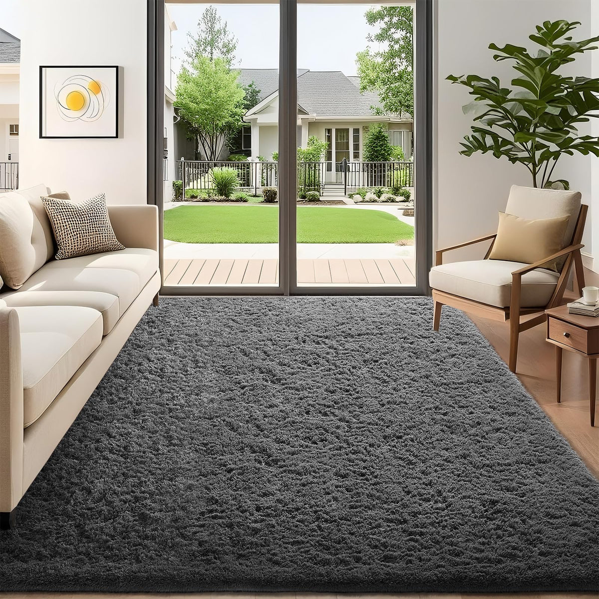 Ophanie 5x7 grey shag rug close-up shows plush softness for living rooms