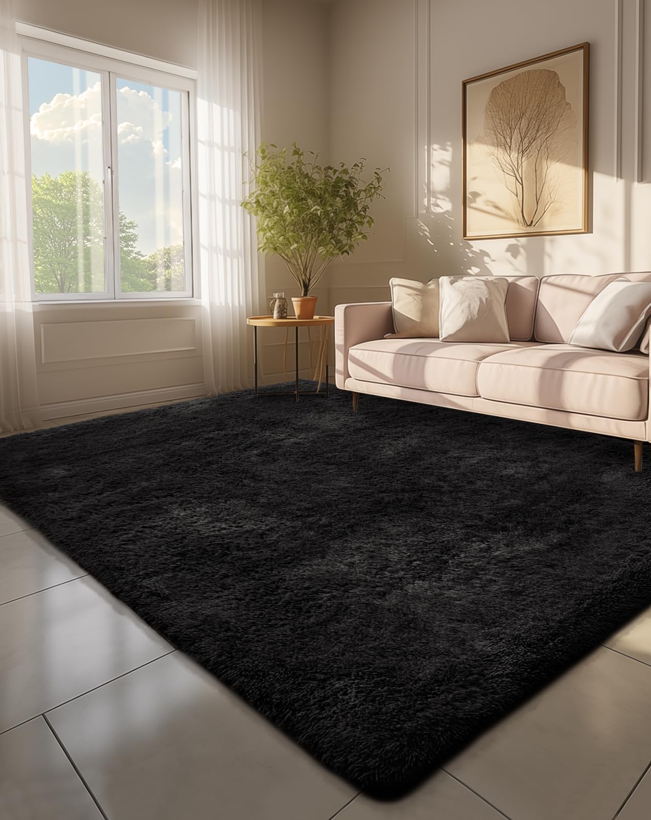 Ophanie 6x9 black rug in living room with plush texture and cozy feel