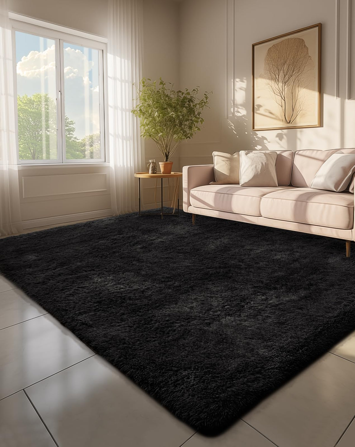 Ophanie 6x9 black rug in living room with plush texture and cozy feel