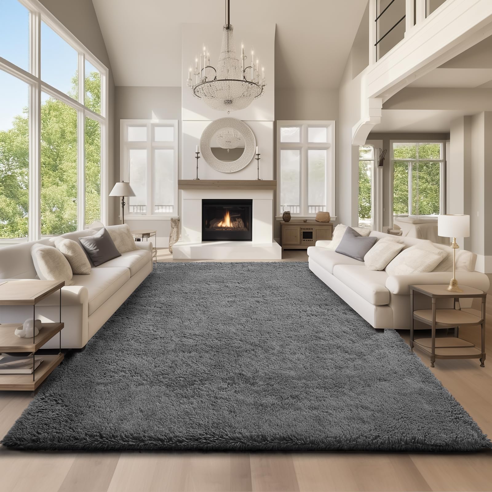 Ophanie area rug in grey shag adds cozy warmth to the living room.