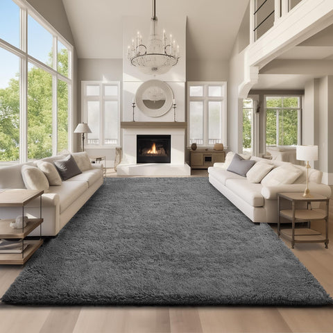 Ophanie area rug in grey shag adds cozy warmth to the living room.