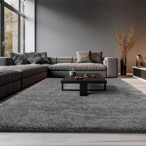 Ophanie grey shag rug texture emphasizes ultra-soft pile and cushioning.