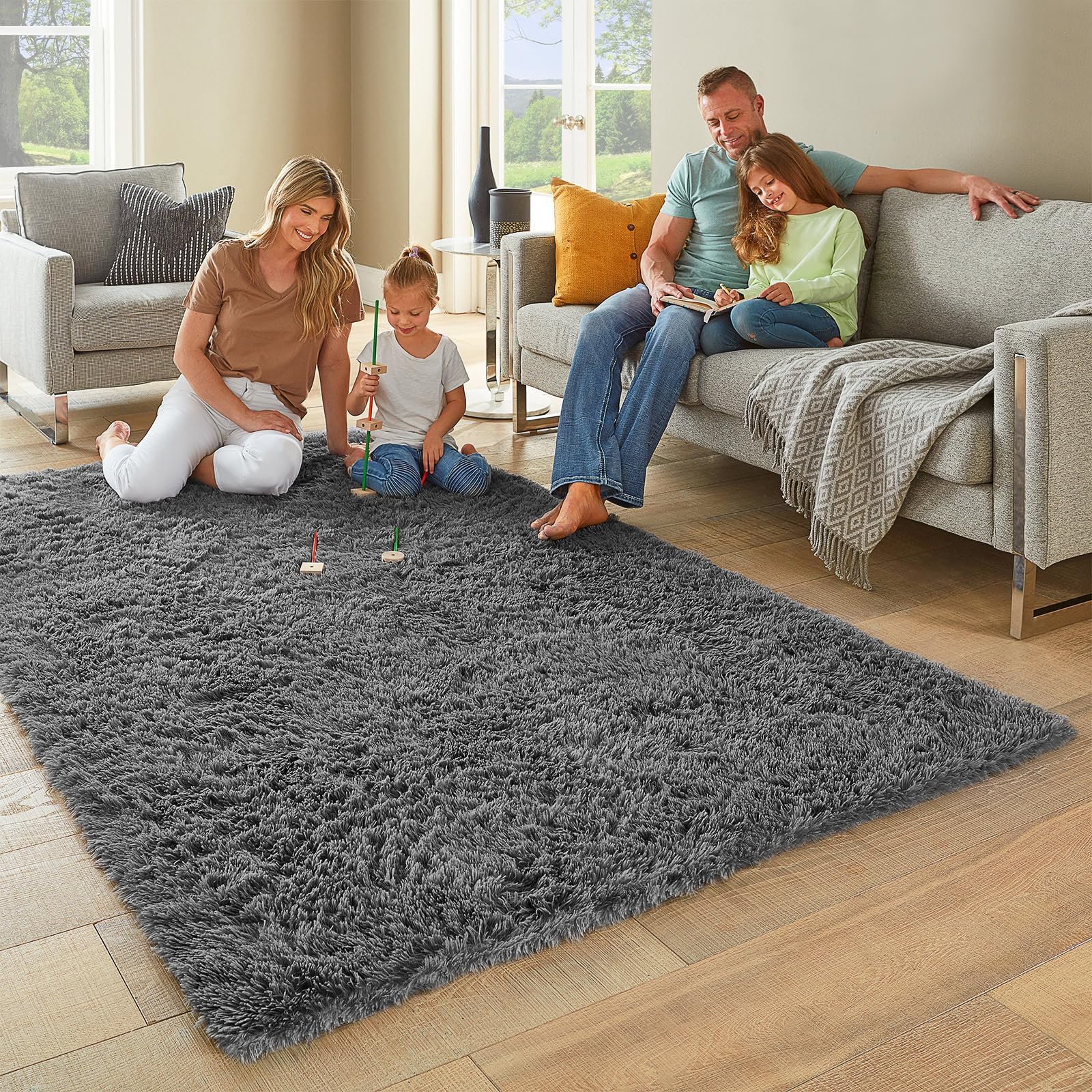 Ophanie grey shag rug in bedroom or nursery creates cozy ambiance