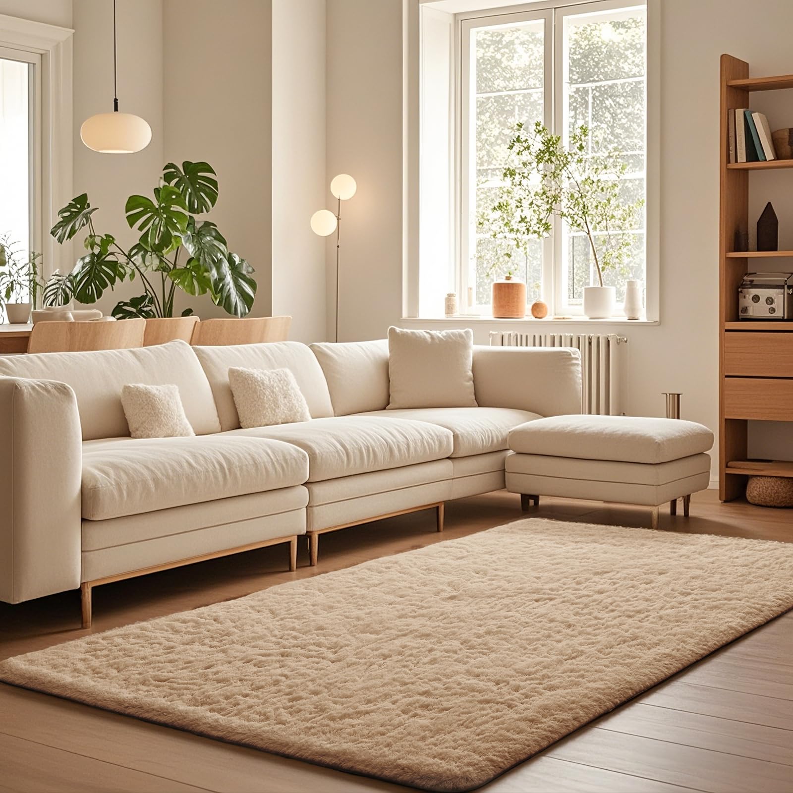 Ophanie beige 5x8 shag rug with ultra-soft pile for living room comfort.