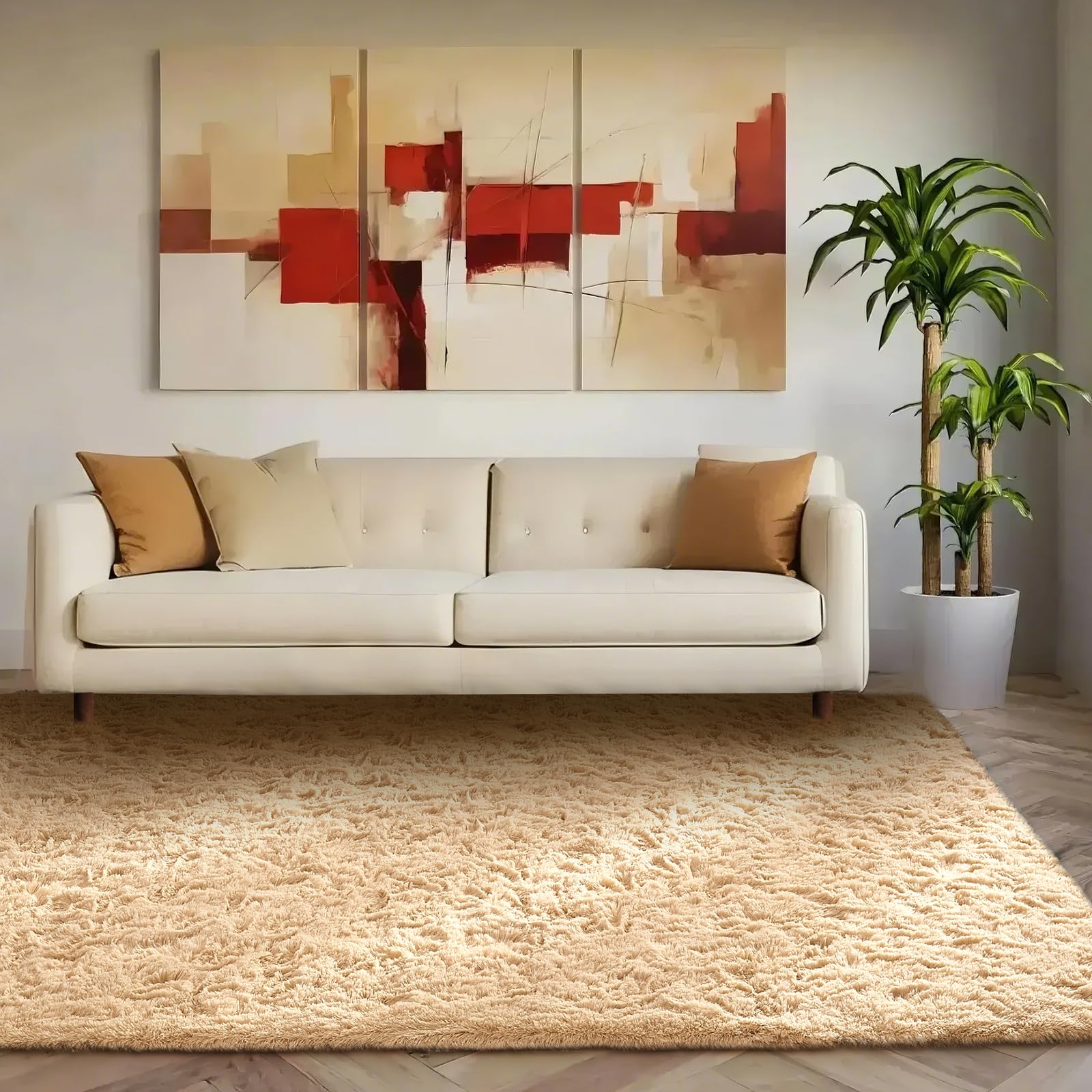 Ophanie beige dorm rug budget-friendly yet plush and durable.