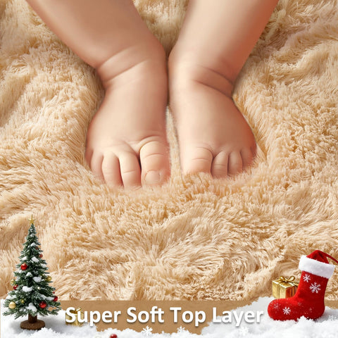 Ophanie beige fluffy rug in living room showcasing cozy layering style.