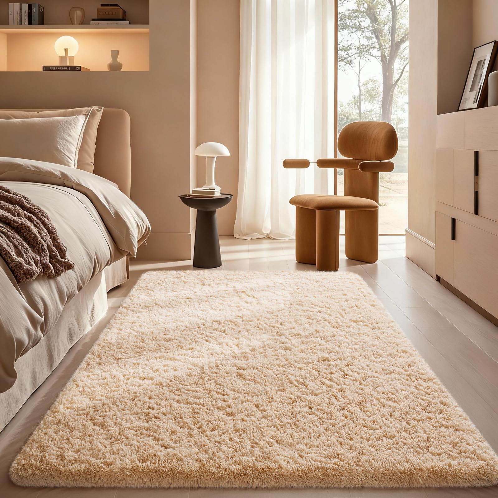 Ophanie beige rug plush shaggy bedroom for barefoot comfort.