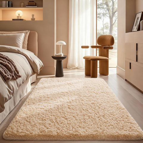 Ophanie beige rug plush shaggy bedroom for barefoot comfort.