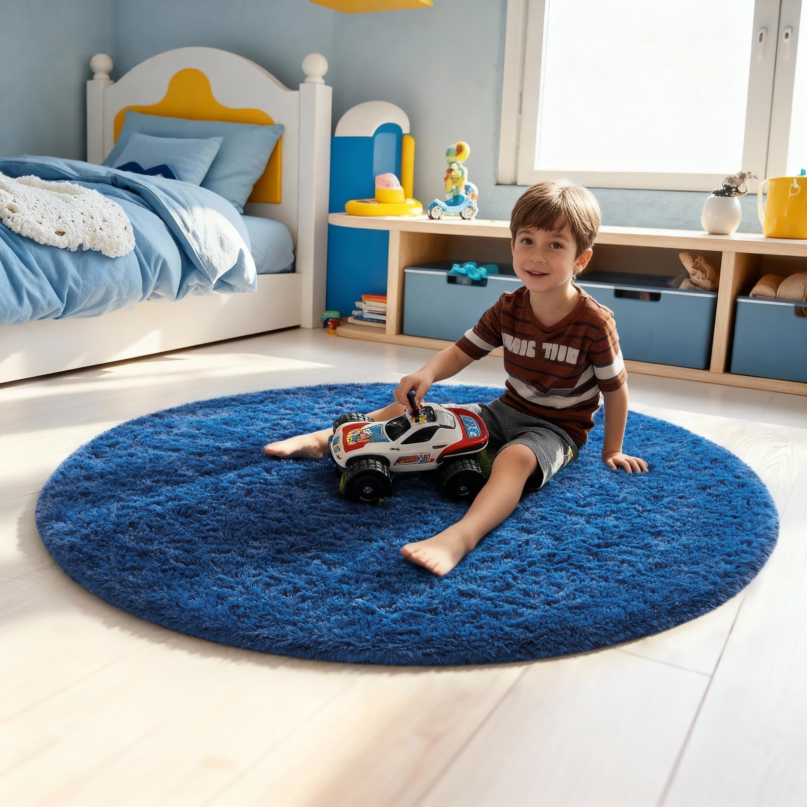 Ophanie blue round rug layering style adds hygge warmth.