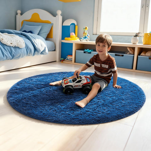 Ophanie blue round rug layering style adds hygge warmth.
