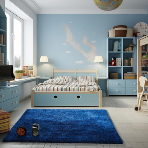 Ophanie blue rug in playroom offers padding and safe, durable bottom