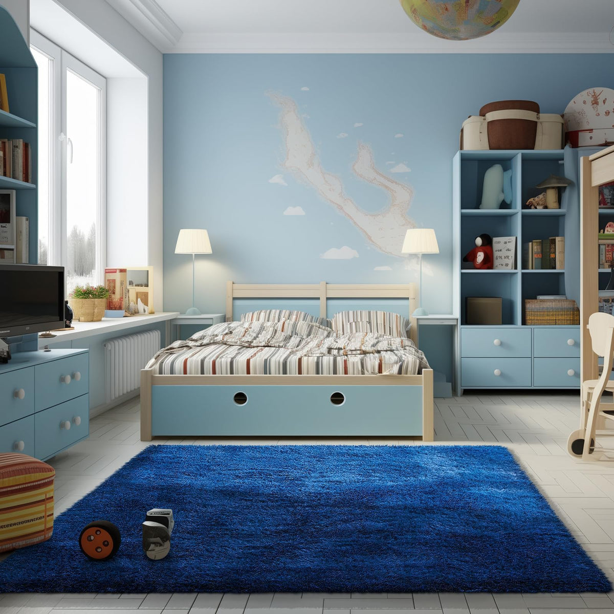 Ophanie Blue Rug with shaggy pile adds cozy texture to a bedroom.