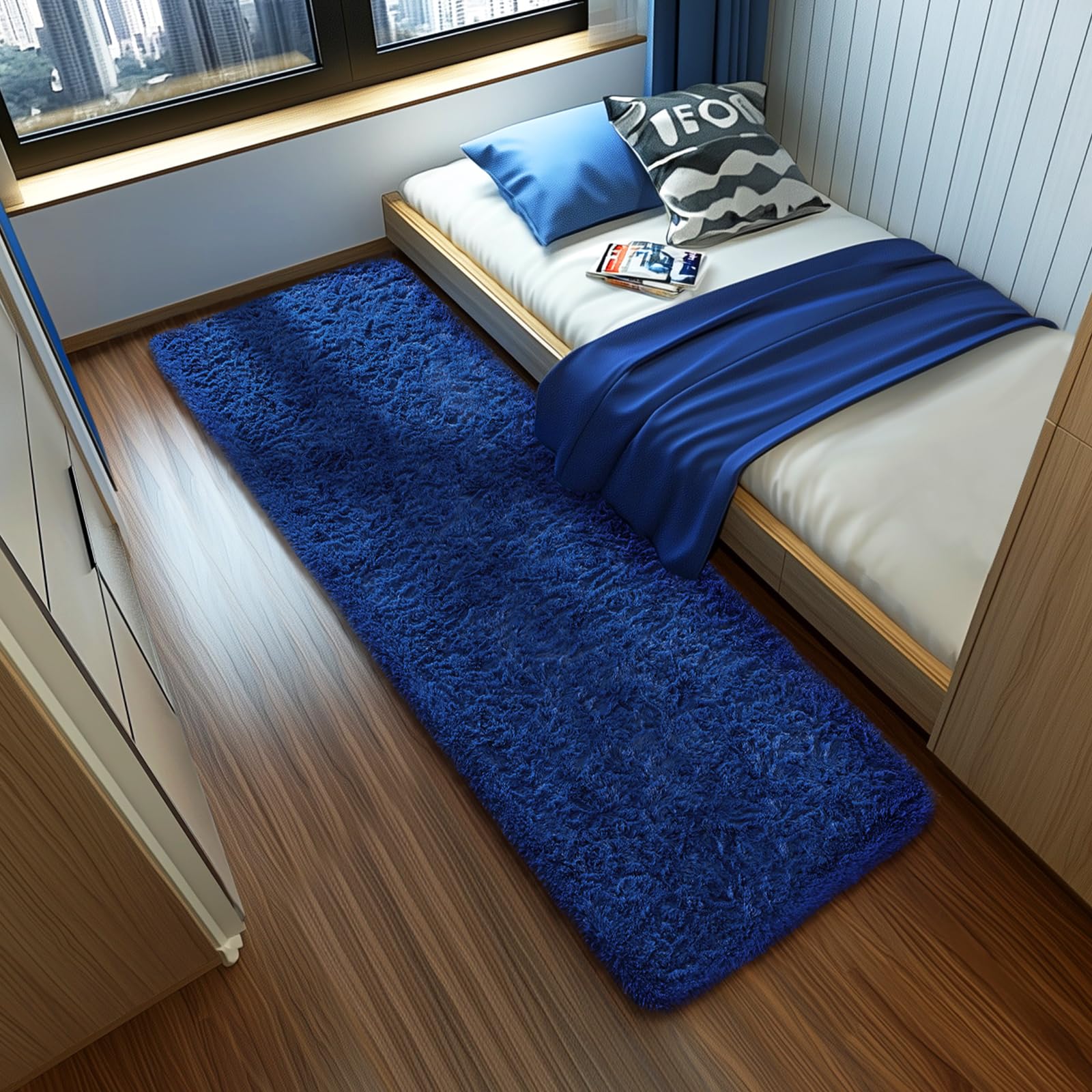 Ophanie blue runner rug for kids room stays soft during play and learning.