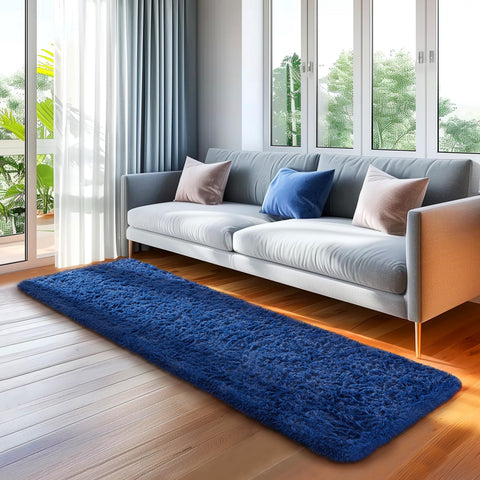 Ophanie blue runner rug in living room brings cozy texture and safe grip.
