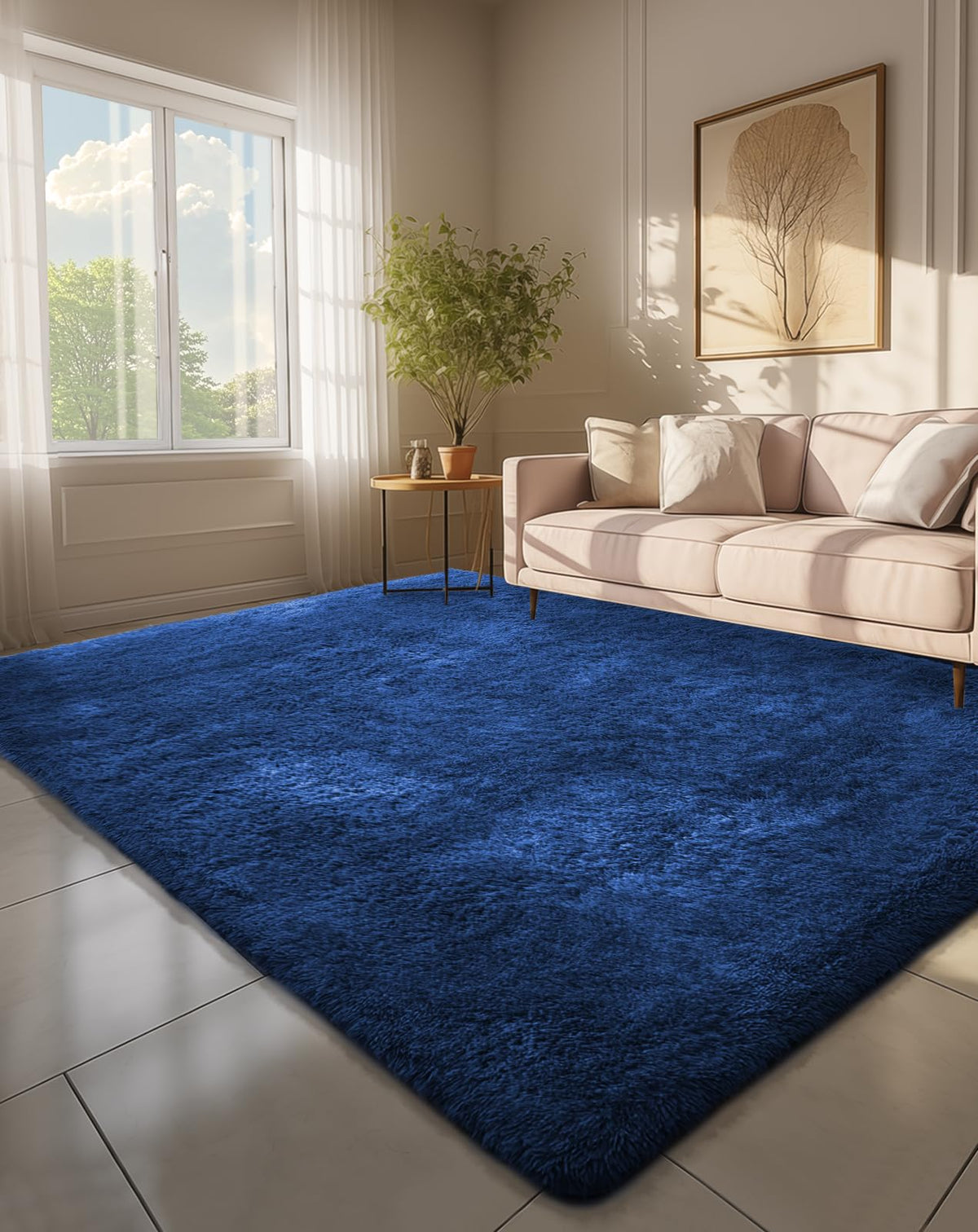 Ophanie blue living room rug with plush pile and non-slip bottom for family spaces.