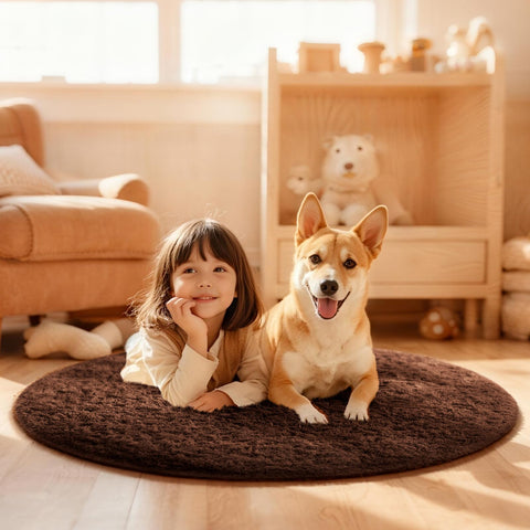 Ophanie brown circle living room rug showcases versatile design and plush surface for lounging.