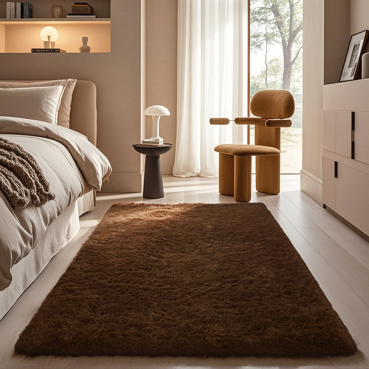 Ophanie brown rug for bedroom adds cozy warmth and soft underfoot comfort.